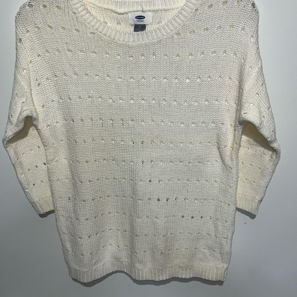 Old Navy Womens Cream White Pointelle Open Knit 3/4 Sleeve Crew Neck Sweater S